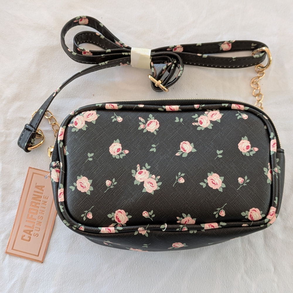 Floral Crossbody Bag - Black and Pink